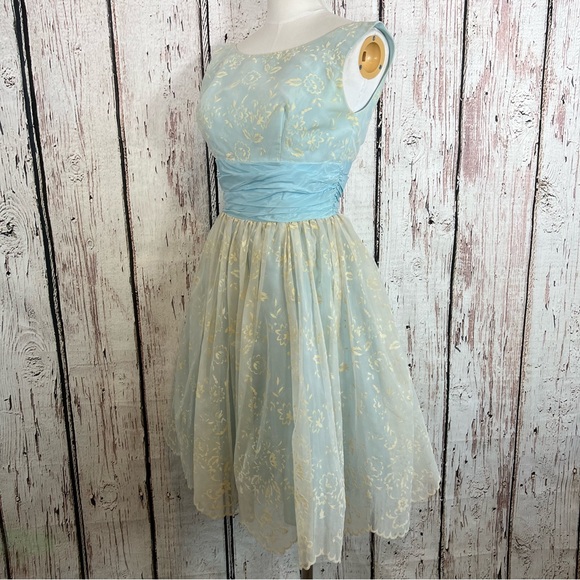 🎉HP🎉 Vintage 50s Cocktail Hostess Party Floral Dress Flocked Lace Chiffon SZ S - Picture 3 of 17